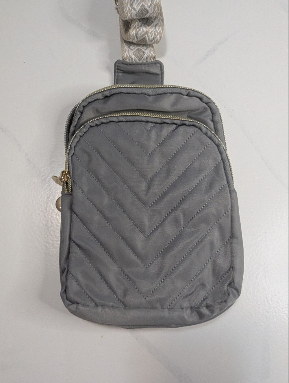 Pretty Simple Pinelope Puffer Sling Bag - Gray Chevron Quilted with Bunny Charm